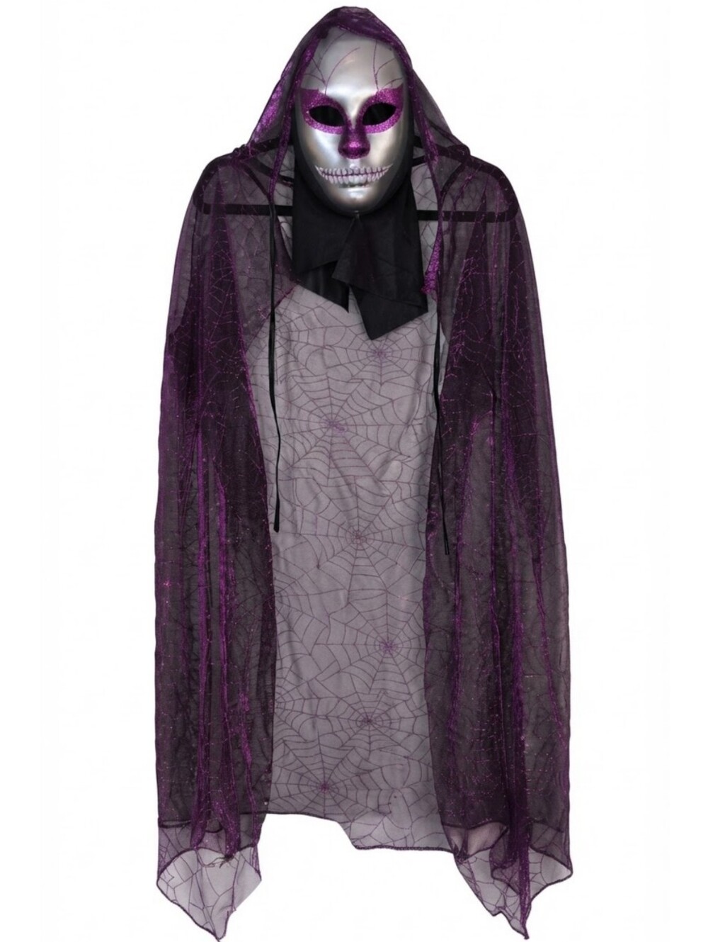 Gothic Purple Spiderweb Cape Glitter Silver Skull Mask Halloween Costume Set O/S